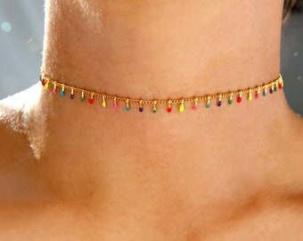 Silber oder Gold multicolor Edelstahl Gold Choker Halskette, zierliche Regenbogen Farbe Choker, Regenbogen Perle Choker, zierliche multicolor Perle