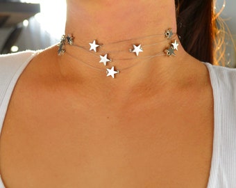 silver multi star choker / dainty silver star choker / star choker necklace / silver stars choker / star jewelry / celestial / multi strand