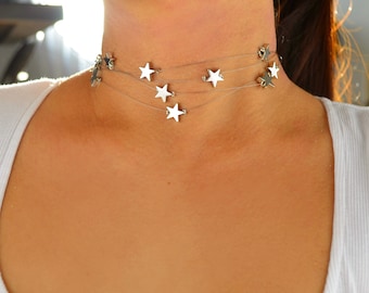 silver multi star choker, unique trendy floating stars celestial necklace, star lover gifts statement multiple layered chain, stargirl chain