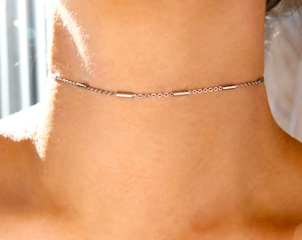silver stainless steel choker, dainty thin elegant simple minimalist daily chain chokers, classy delicate minimal cute trendy station chains