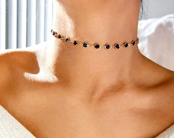elegant black rhinestone choker necklace, dainty black gem stone crystal chokers, classy unique station gift for her jewelry, romantic chain