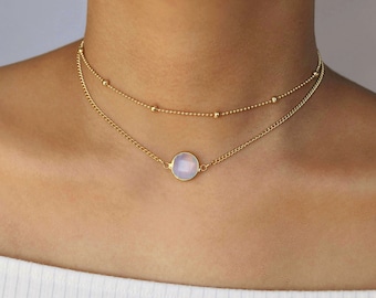 iridescent opal choker, layered opalite crystal round gem stone necklace, unique beautiful ethereal birth stone december gemstone gift white