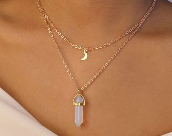 various opalite crystal necklace, opal gem bullet quartz gemstone jewelry gift october birth layered celestial crescent moon charm layered