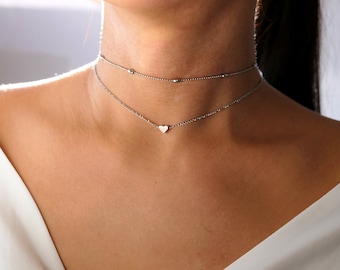silver heart choker necklace, dainty layered double chain chokers trendy romantic gift for her, two layer cute love jewelry tiny heart charm