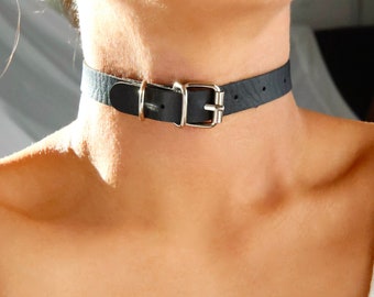 belt buckle PU leather choker necklace / adjustable belt choker necklace / black belt metal choker / unique black choker / alt black choker