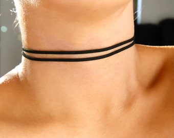 Doppeltes zierliches Wildleder-Halsband / dünnes schwarzes Wildleder-Halsband / dünnes schwarzes Samt-Halsband / doppeltes schwarzes Halsband dünn / dünnes schwarzes Wildleder-Halsband / Geschenk