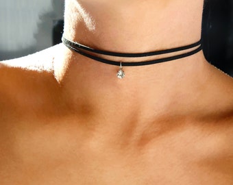 rhinestone charm black suede choker / thin black choker charm / black choker diamond charm / dainty black choker necklace /cute black choker