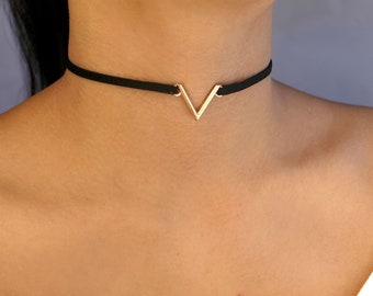 black suede choker necklace, black thin simple minimalist velvet leather chokers unique design, cute dainty black choker jewelry, lead free