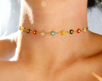 multi-color daisy choker / rainbow daisy choker / rainbow color choker / dainty flower choker / multi color chokers / daisy flower choker