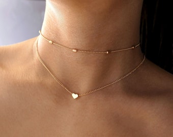 gold or silver heart choker necklace, dainty simple elegant delicate tiny 2 layered double layer stacking heart chokers, heart jewelry