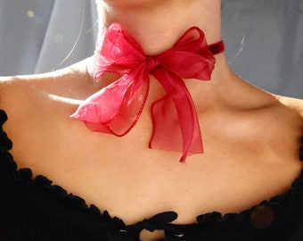 red lace bow choker necklace / big red lace bow choker / red ribbon choker / red ribbon anime choker / red dress choker / red formal choker