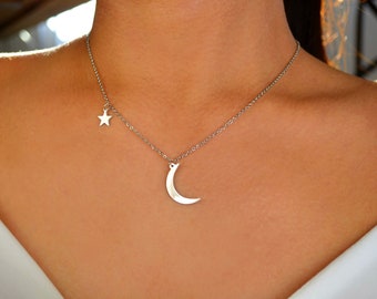 silver moon star stainless steel / moon and star necklace / silver moon necklace /gold moon necklace /celestial jewelry/lunar jewelry/dainty