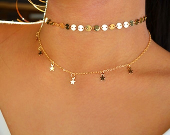 gold star coin set / gold star choker / gold coin choker / dainty star choker gold / gold star necklace / stars choker gold / layered choker