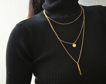 gold multi layered necklace / multi layer necklace /gold coin necklace/gold bar necklace/gold necklace set/ stacking necklace/ disc necklace