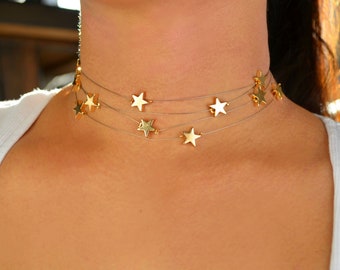 gold multi star choker, floating multiple repeating stars charm multi strand necklace, unique celestial jewelry romantic collar gift for her