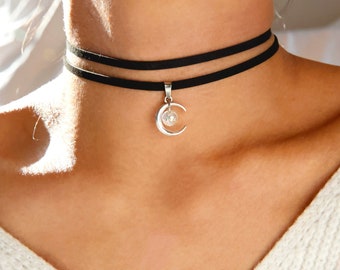 double suede moon choker, crescent moon charm black choker, layered double black suede choker, celestial jewelry gift for her, gothic trendy