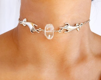 clear quartz hands choker / clear quartz crystal vintage choker necklace / clear quartz stone choker /april birthday unique jewelry gift