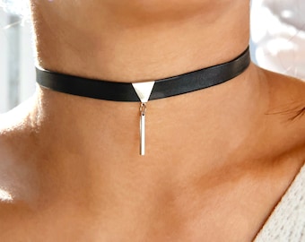gold or silver black leather luxe choker / black leather choker triangle charm / black choker dangling charm / black leather choker gift