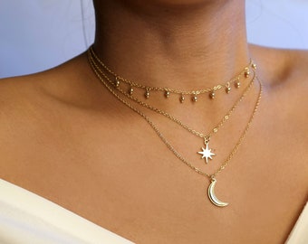 conjunto colgante celestial / collar de estrella del norte / luna de oro y collar de estrellas / collar de luna delicada / regalo de Navidad / vacaciones / sin plomo