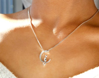 dainty cat on moon necklace / cat pendant necklace / dainty cat necklace / gold cat necklace /silver cat necklace/cat jewelry gift/cat lover