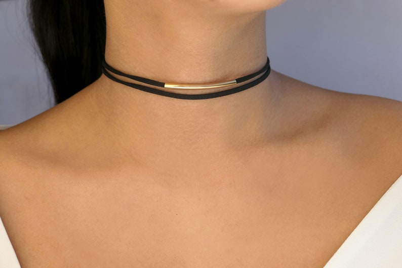 silver or gold bar suede choker / black leather choker / black velvet choker/black suede choker / classy choker / double black choker image 9