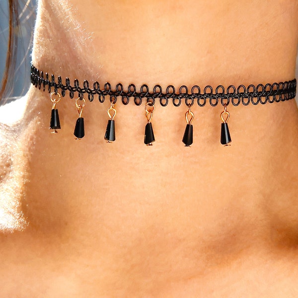 dainty tassels choker / black tassel choker / black fabric tassels choker / black fringe choker / dangling tassel choker / black chokers