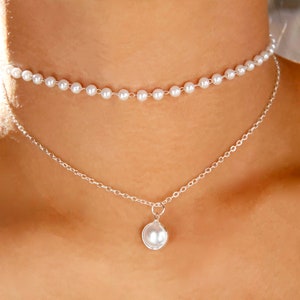 Perlen-Halsketten-Set / goldene Perlenkette geschichtet / silberne Perlenkette geschichtet / Brautjungfern-Perlenkette / Brautjungfern-Perle Bild 6