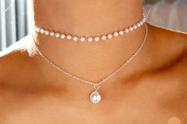 Perlen-Halsketten-Set / goldene Perlenkette geschichtet / silberne Perlenkette geschichtet / Brautjungfern-Perlenkette / Brautjungfern-Perle Bild 6