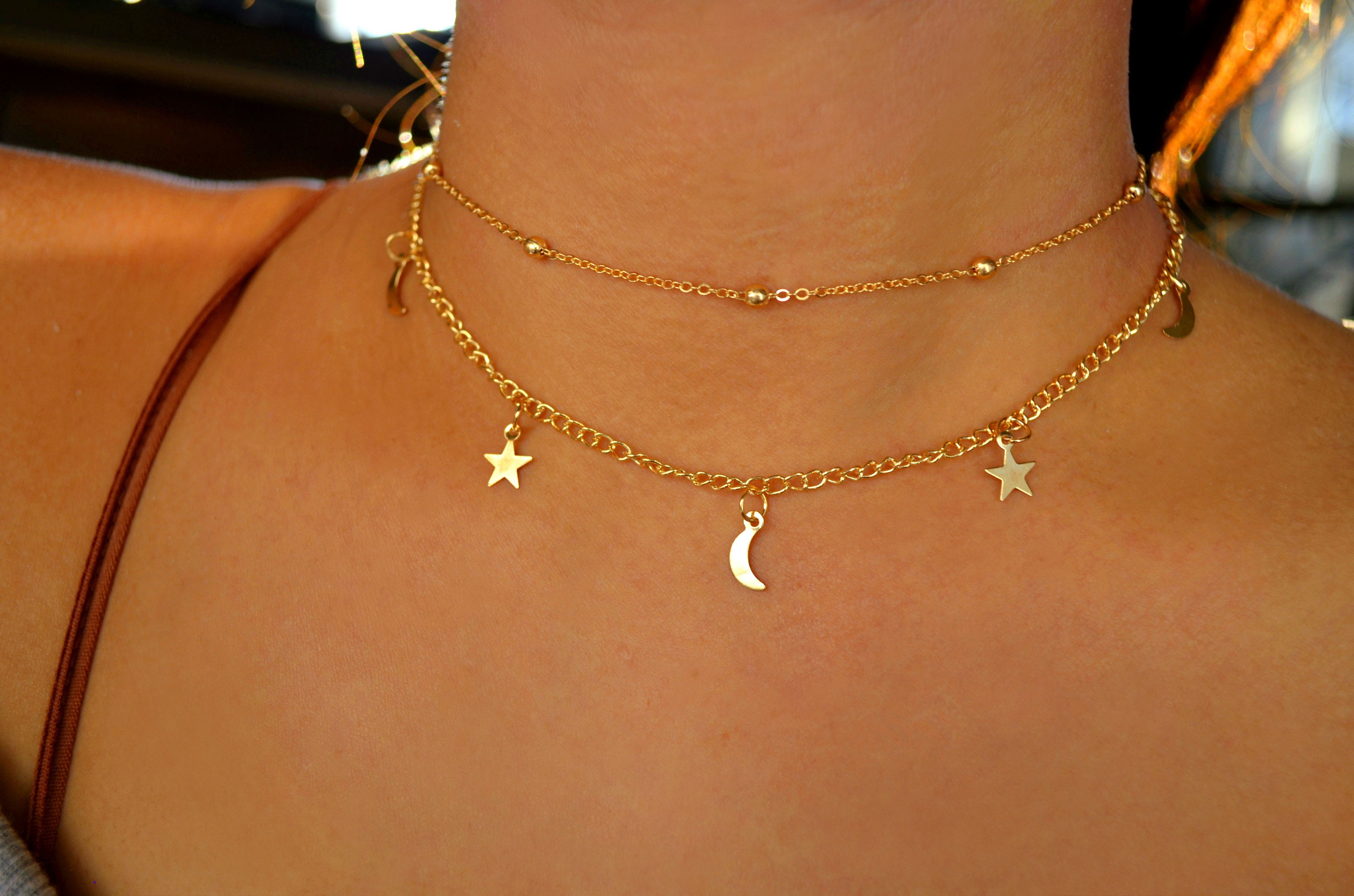  Anglacesmade Layered Choker Necklace Star and Moon Necklace  Rhinestone Star Moon Charm Pendant Necklace Bohemia Jewelry for Women and  Girls(Gold) : Clothing, Shoes & Jewelry
