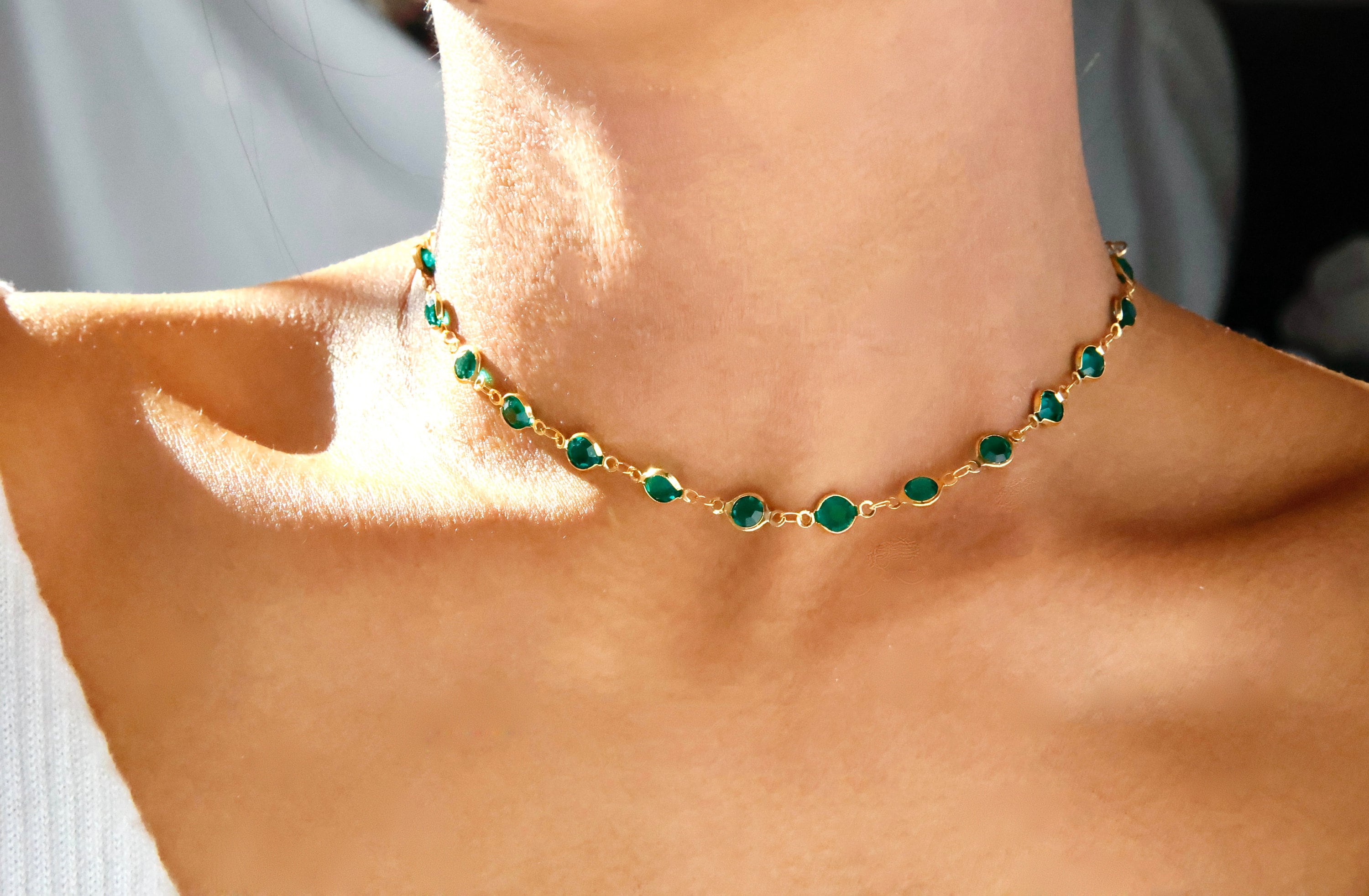 Royal Green Rhinestone Choker, Deep Green Gemstone Chokers, Dainty 