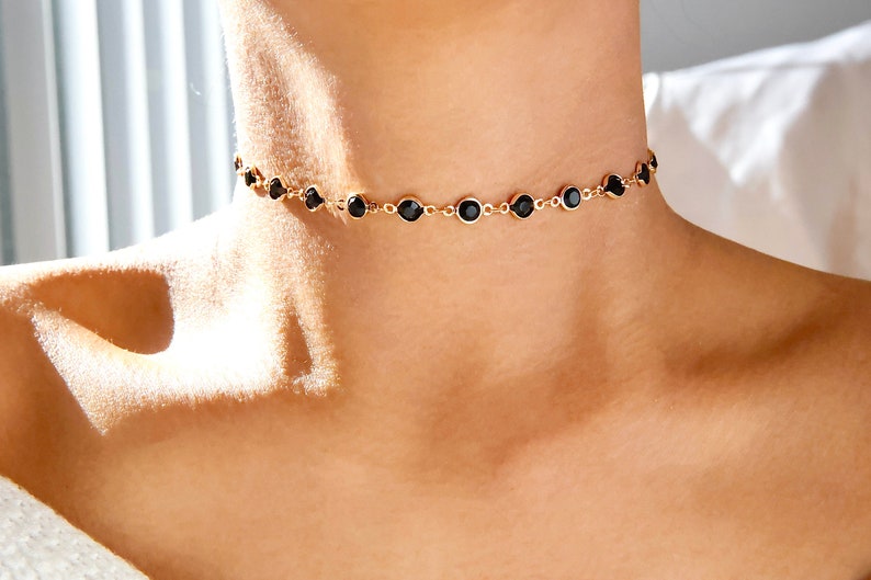 Elegant Black Rhinestone Choker Necklace / Dainty Black Stone Etsy