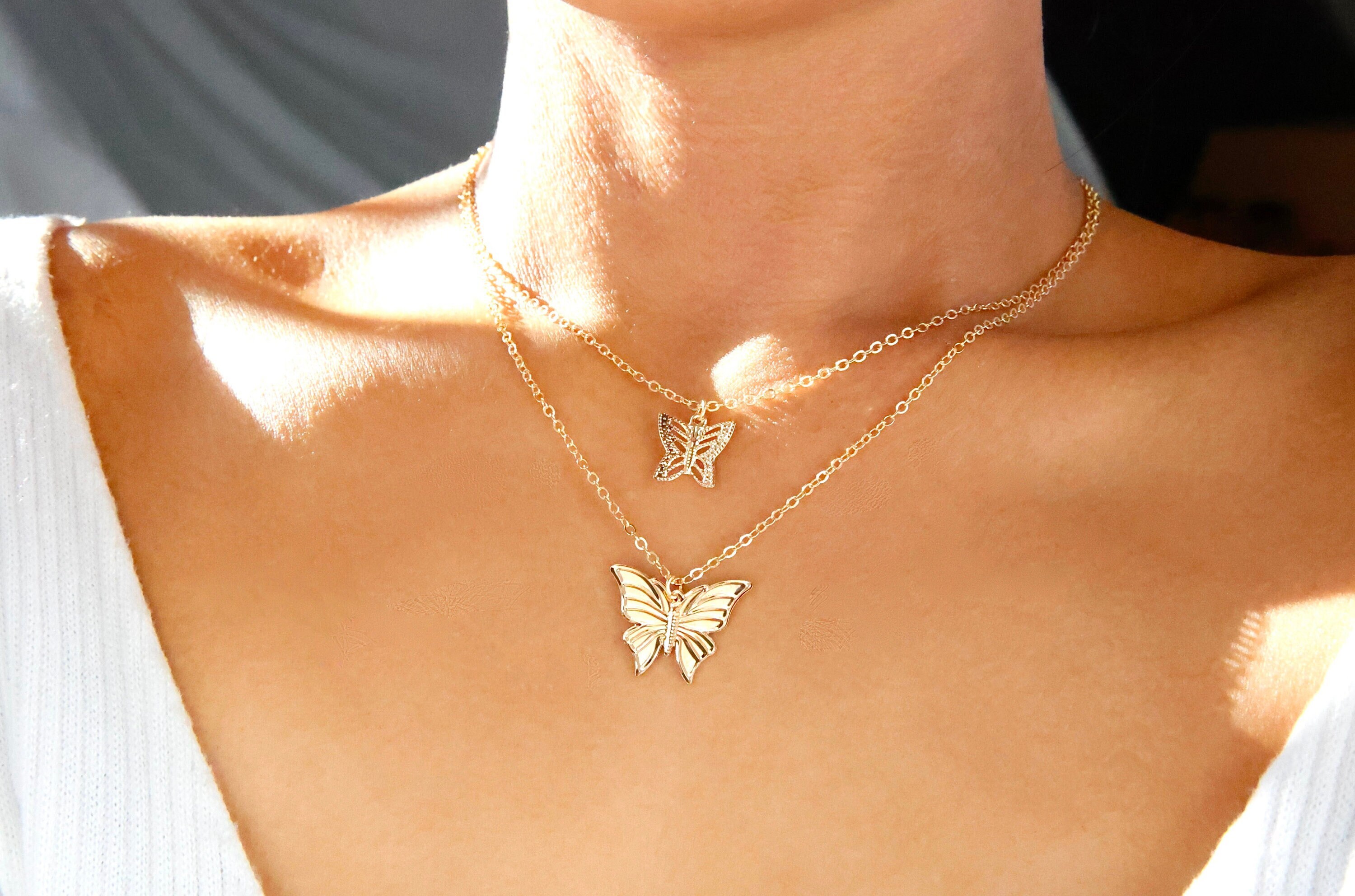 [PRIMAUTE] 韓国☆BUTTERFLY LAYERED NECKLACE 2 COLORS Layered Butterfly Pendant Necklace, Gold Silver