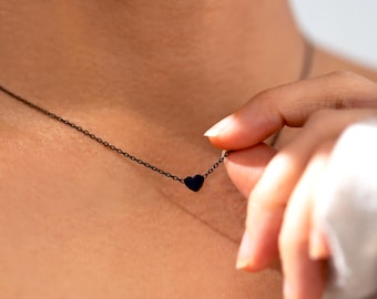 Dainty Black Heart Necklace: Stainless Steel Tiny Black Hearts Pendant Chain