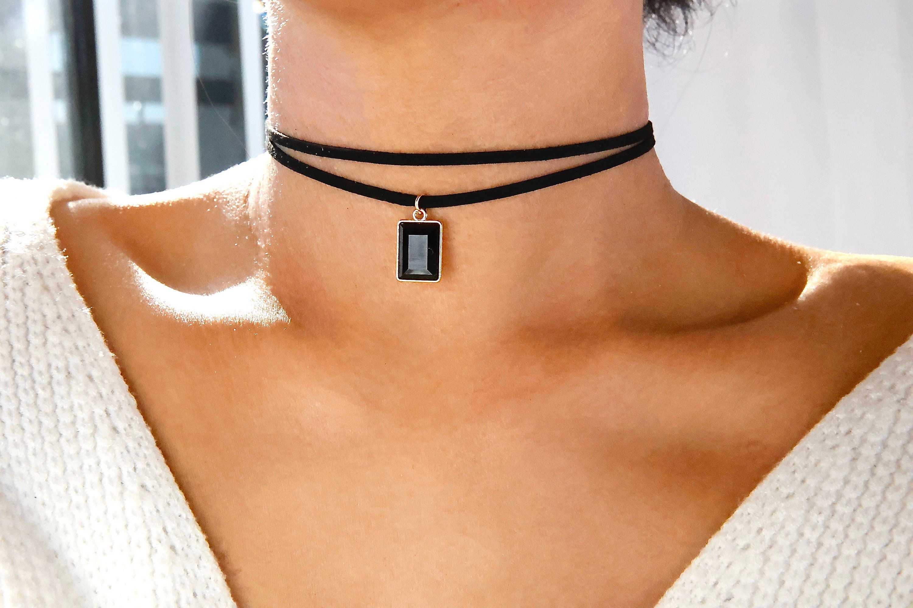 Layered Black Suede Choker With Rhinestone Charm, Black