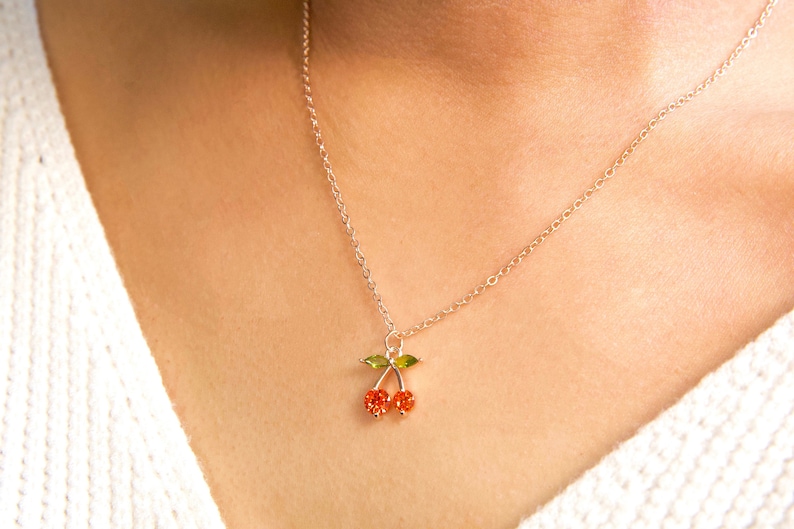 dainty rose gold cherry necklace / dainty cherry pendant necklace / cherry diamond necklace / cherry necklace gift / red cherry pendant image 1