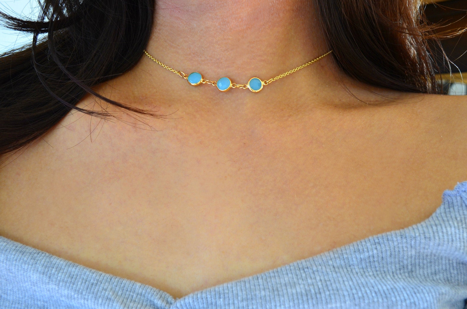Blue Small Stone Choker With Earrings main image 0
