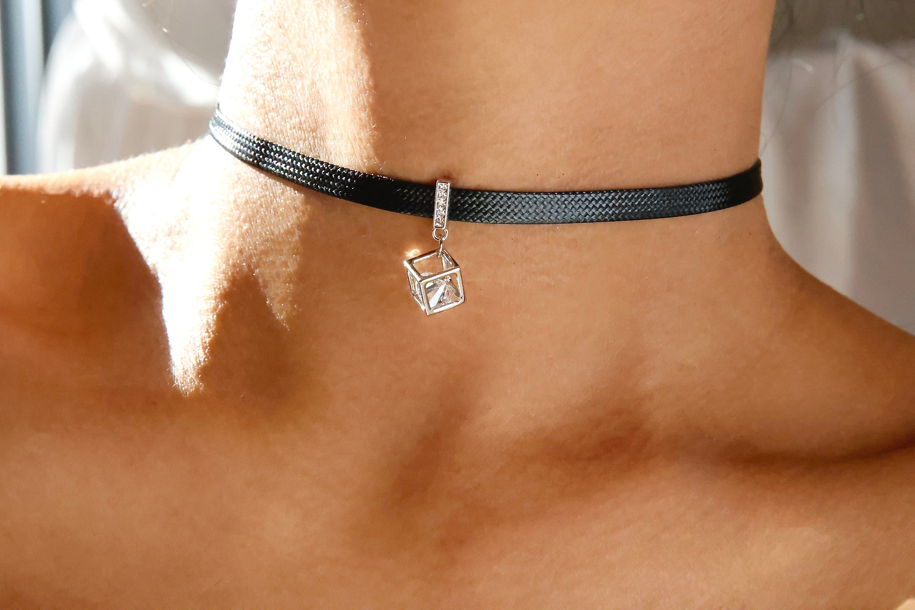 Diamond Cube Charm Leather Choker / Black Choker Silver Diamond Cube Charm Leather Choker / Black Choker Silver