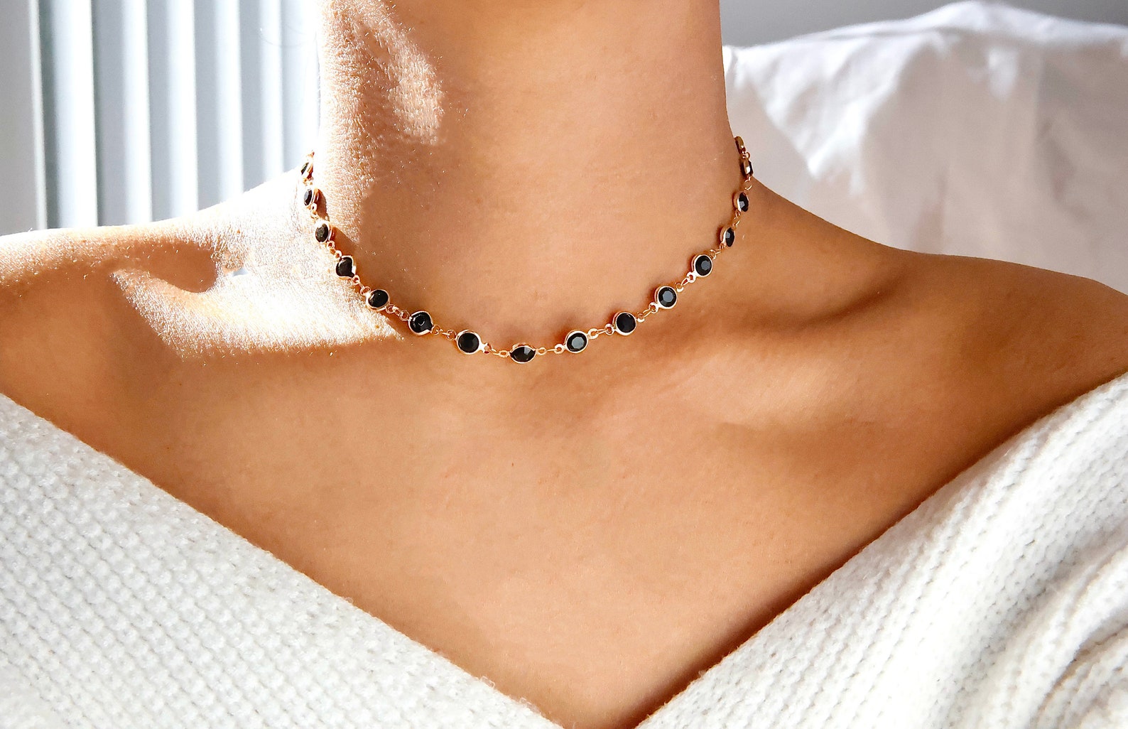 Elegant Black Rhinestone Choker Necklace / Dainty Black Stone Etsy