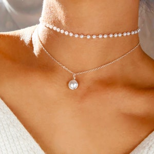 Perlen-Halsketten-Set / goldene Perlenkette geschichtet / silberne Perlenkette geschichtet / Brautjungfern-Perlenkette / Brautjungfern-Perle Silber