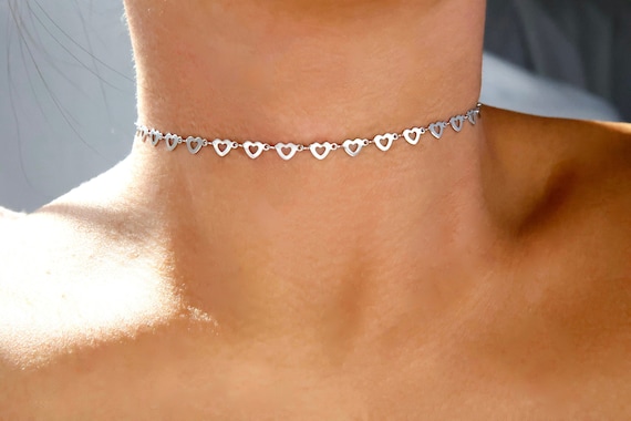 Stainless Steel Hearts Silver Choker / Repeating Heart Silver