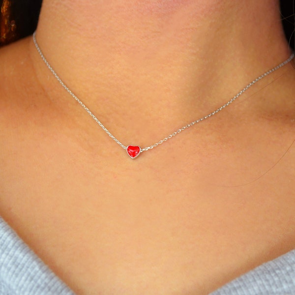 tiny red heart sterling silver necklace / small red heart necklace / dainty heart necklace / tiny heart / bridesmaid gfit /valentines gift