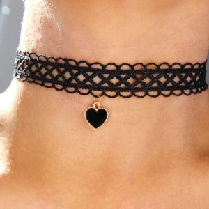 velvet lace choker heart charm / black velvet choker dangling heart / black choker heart charm /thick black velvet choker/thick black choker image 3