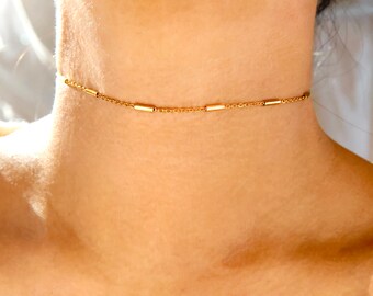 gold stainless steel choker, dainty thin simple classic minimalist elegant delicate shiny gold strand chokers, daily minimal casual jewelry