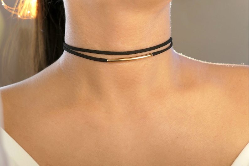 silver or gold bar suede choker / black leather choker / black velvet choker/black suede choker / classy choker / double black choker image 8