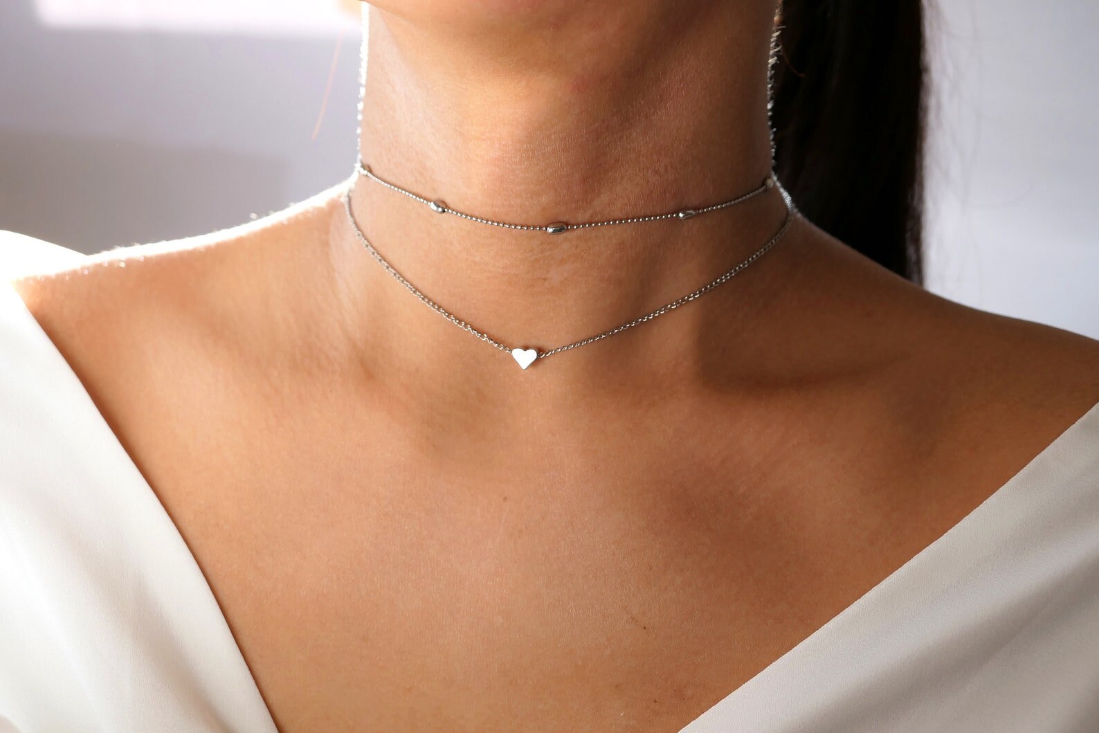 Girocolli con doppio cuore clavicola Collane Collana con ciondolo in argento sterling 925 per gioielli da donna