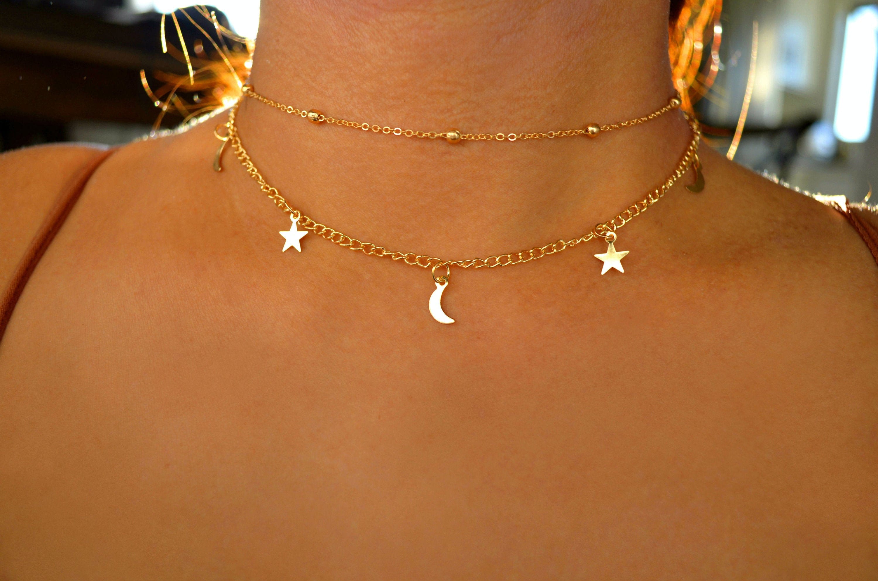 Gothic Crescent Moon And Stars Choker Necklace —