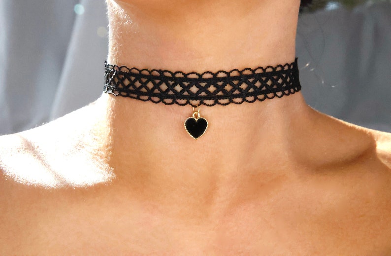 velvet lace choker heart charm / black velvet choker dangling heart / black choker heart charm /thick black velvet choker/thick black choker image 1