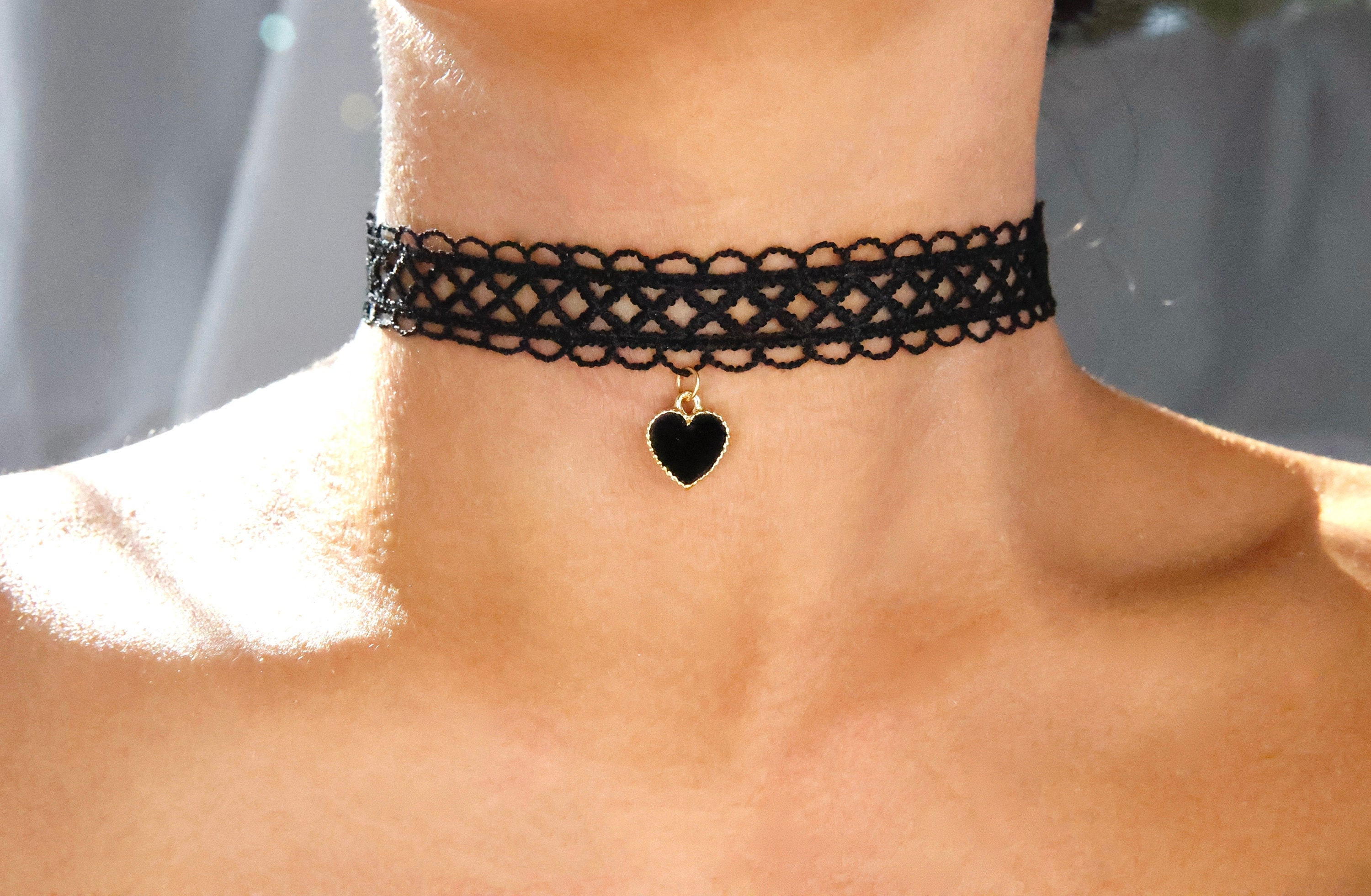 Gold Moon Phase Black Lace Choker - Lunar Cycle Necklace