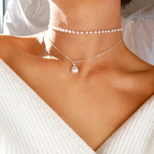Perlen-Halsketten-Set / goldene Perlenkette geschichtet / silberne Perlenkette geschichtet / Brautjungfern-Perlenkette / Brautjungfern-Perle Bild 10