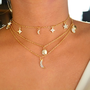 gold moon star set / star choker / gold moon choker /moon star necklace/ north star choker necklace/lunar jewelry/gold star choker/celestial